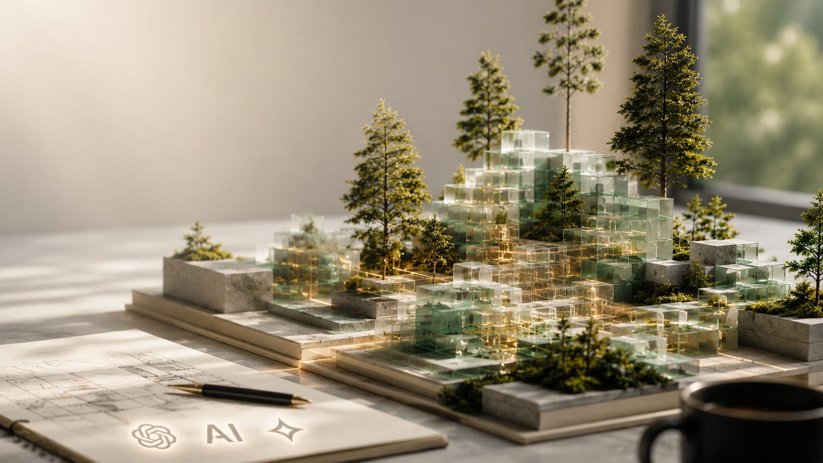 Architectural model of transparent AI blocks among trees on a planning desk